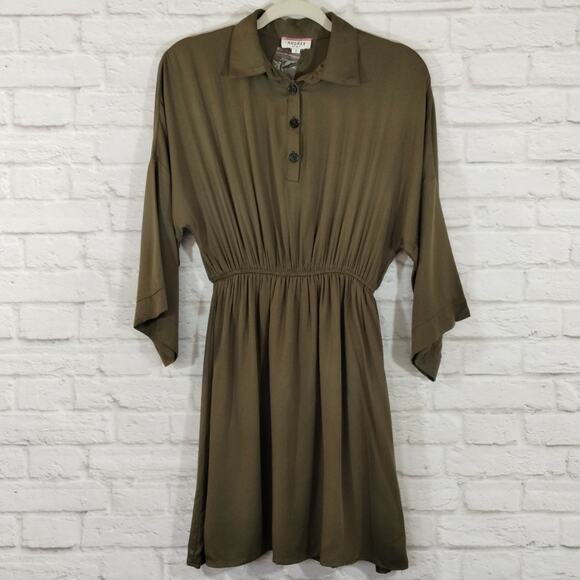 L Andree by Unit Olive Green Dolman Wide Sleeve Button Collared Dress S NWT Flaw - Picture 7 of 15